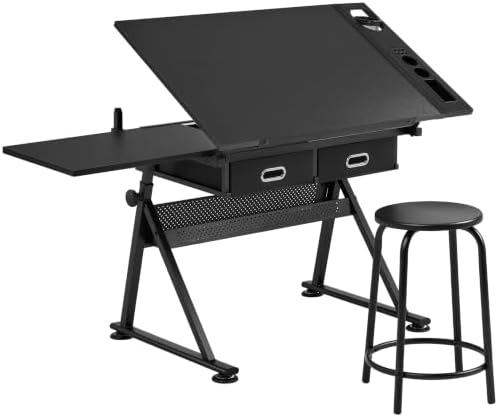Yaheetech Adjustable Drafting Table Art Desk,Storage Drawers & Stool,Black