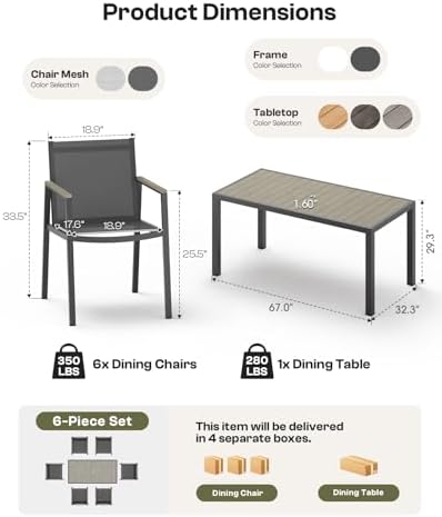 Outdoor Dining Set, 7 Piece Aluminum Patio Table and Chairs Set, All Weather ...