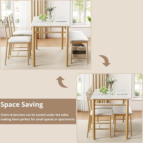 IRONCK Dining Table Set for 4, Kitchen Table and Chairs Set, White & Gold