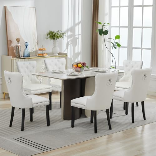 PU Leather Dining Chairs Set of 6, Upholstered Dining Room Chairs with Solid ...