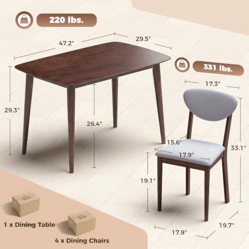 HOMCOM 5-Piece Dining Table Set for 4 with Solid Wood Frame, Light Gray