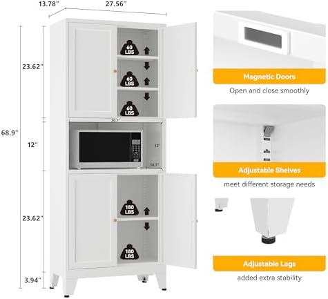 YAUWOH 69" Tall Metal Kitchen Pantry Cabinet with Microwave Shelf, 4 Doo...