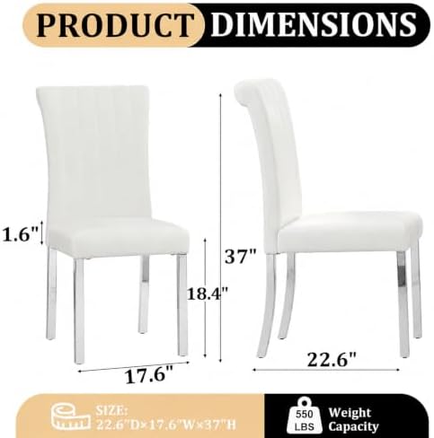 Asday White Leather Dining Chairs Set of 4, White and Silver Dining Room Chai...