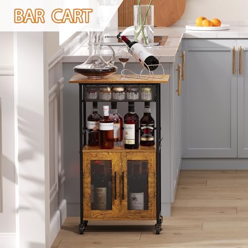 3 Tier Slim Rolling Coffee Cart with 2-Door & Pull-Out Wire Basket Drawer...