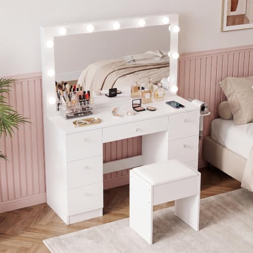 SweetGO 46" LED Lighted Makeup Vanity Desk, 7 Smooth-Glide Drawers, USB ...