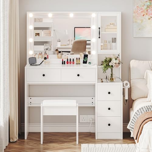 35.4” Makeup Vanity Desk with Charging Station, White Makeup Dressing Table w...