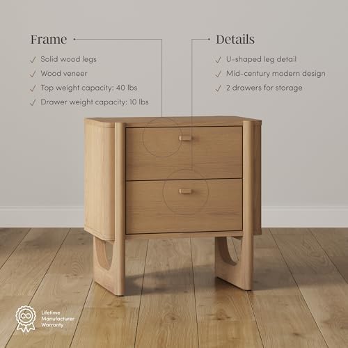 Nathan James Solace Mid Century Modern 2 Drawer Nightstand with Solid Wood Fr...