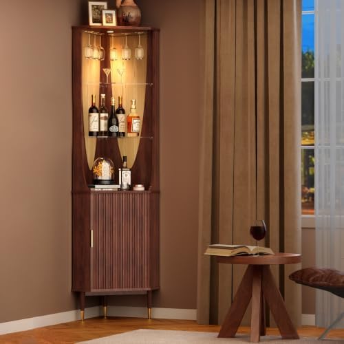 JOINICE Tall Corner Bar Cabinet for Liquor,Mid-Century Modern,Walnut,70"
