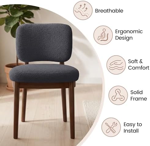 Wooden Dining Chairs Set of 4, Boucle Upholstered Kitchen Chairs with Solid W...