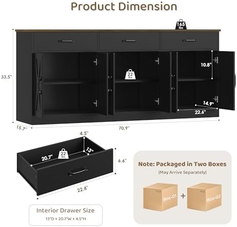 HOSTACK 71"W Farmhouse Kitchen Sideboard Buffet Cabinet with Storage, Black