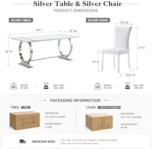 Asday 7 Piece Dining Table Set, Luxury White and Silver Dining Room Table Set...