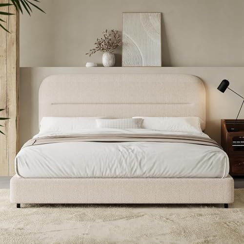 HOMBCK Queen Size Cloud Bed Frame, Beige Plush Boucle Upholstered Bed