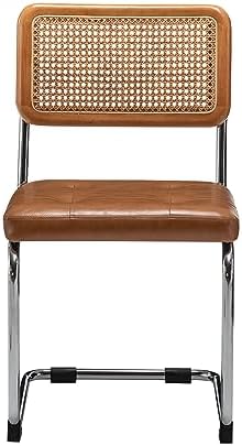 Dining Chairs Set of 4, Natural Rattan Brown Kitchen Side Chairs-PU Seat