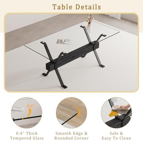 71" Glass Dining Table Set for 6｜Modern Dining Table Set for 6 with Faux Leather Chairs｜0.4" Thick Tempered Glass Tabletop｜Black Metal Legs with Black Crossbar｜Easy Assembly