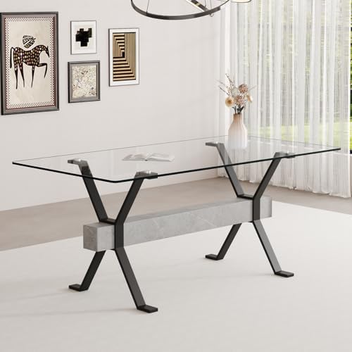 Glass Dining Table 71"｜Modern Dining Table for 6｜0.4" Thick Tempere...