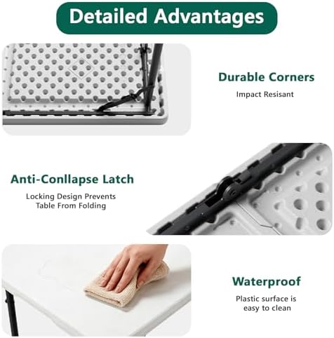 Folding Table 1 Pack, 4FT Folding Table with Adjustable Height, Heavy Duty Pl...