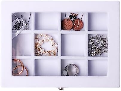 Jewelry Organizer Tray with Clear Lid 12 Grid Velvet Drawer Insert Jewelry Box with Transparent lid Jewelry Display Case Store Showcase Jewelry Box Gift for Women(White,12 Grid) (Pack of 2)