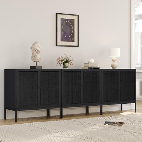 Yechen 63“ W Black Rattan Cabinet, Farmhouse Sideboard Cabinet with Natural R...