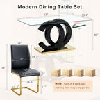 Glass Dining Table Set for 6,Modern Black Gold Dining Table Set,63" | Tempered Glass,Black OC-Shaped Legs,Gold Base,Black Cantilever Chairs,Dinner Table Set for 6, for Kitchen,Dining room