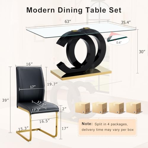 Glass Dining Table Set for 6,Modern Black Gold Dining Table Set,63" | Tempered Glass,Black OC-Shaped Legs,Gold Base,Black Cantilever Chairs,Dinner Table Set for 6, for Kitchen,Dining room