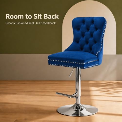 Blue Modern Swivel Bar Stools Set of 2, Velvet Counter Height Bar Stools for ...