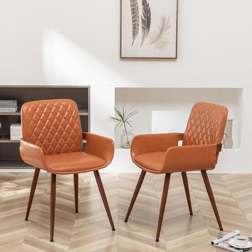 LUNLING Mid Century Modern Faux Leather Dining Chairs Set of 4,Orange Upholst...