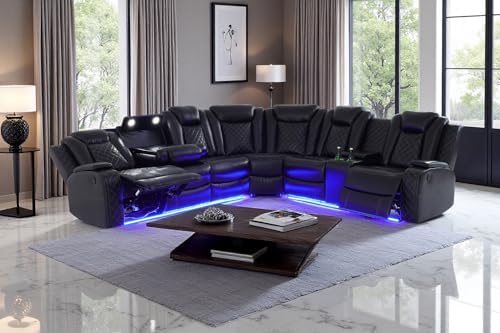 A Ainehome Power Recliner Sectional Sofa Set with LED Light, Leather Reclinin...