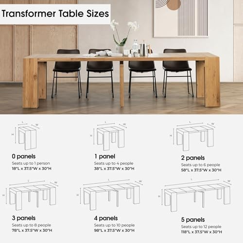 Transformer Table Solid Wood Extendable Dining Table, Natural | Seats 2-12, E...
