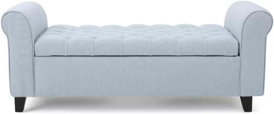Elegant Fabric Storage Ottoman Bench with Button-Tufted Diamond Stitching and Rolled Arms for Living Room or Bedroom (Wheat + Fabric)