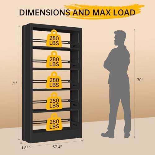 71"H Metal Bookshelf, 5 Tier Bookcase with Adjustable Shelves, Tall Book...