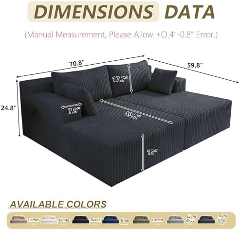 71" Oversized Double Chaise Lounges Indoor, Upholstered Corduroy Oversized Chaise Lounge Chair, Modern Sleeper Loveseat Chair Boneless Cloud Couch for Living Room Bedroom Reading (Black)