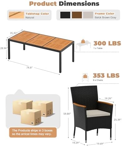 Flamaker Patio Dining Set for 8 Outdoor Acacia Wood Table and Chairs, Black