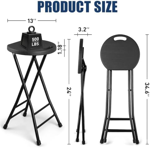 Folding Stool, Black 24 Inch Foldable Bar Stool with Handle