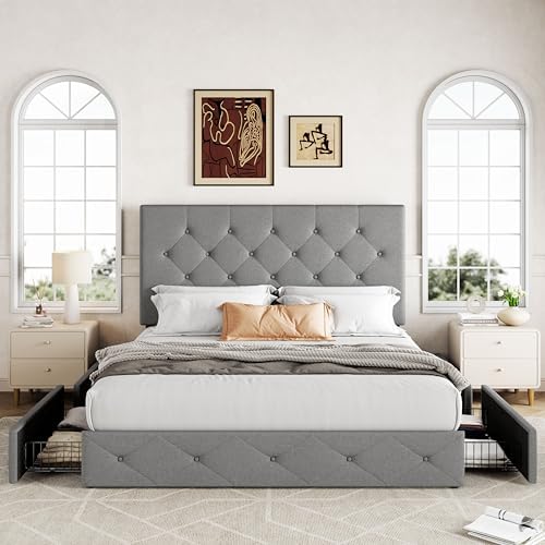 Allewie Full Size Storage Bed Frame with 4 Underbed Drawers, Light Grey