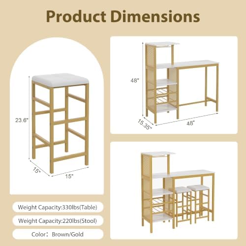 VECELO Bar Table and Chairs Set for 2, Dining Set with Storage Shelves