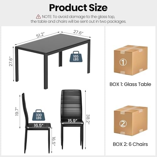 Recaceik 7 Piece Dining Table Set for 6, Tempered Glass Kitchen Table and PU ...