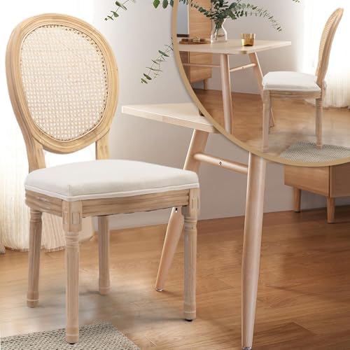 French Country Dining Chairs, Beige Rattan, Set of 6