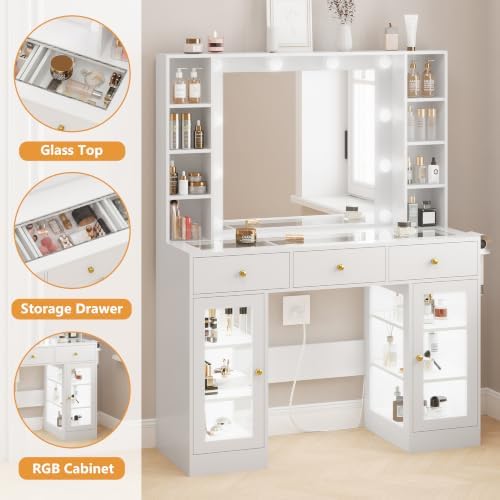 HUANLEGO White Vanity Desk with Mirror and Lights, Glass Top Vanity with Ligh...
