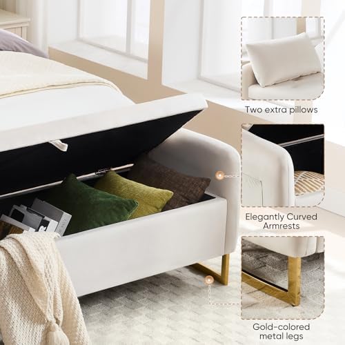 Storage Bench for Bedroom, 65 Inch End of Bed Storage Bench Beige | Velvet St...