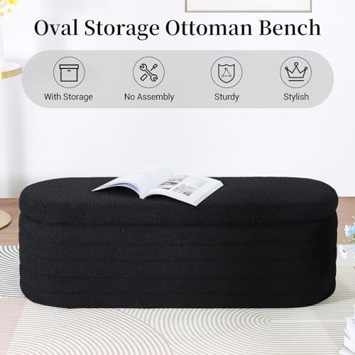 Teddy Sherpa Oval Black Ottoman with Storage, 45.5-inch Bench | Teddy Upholst...