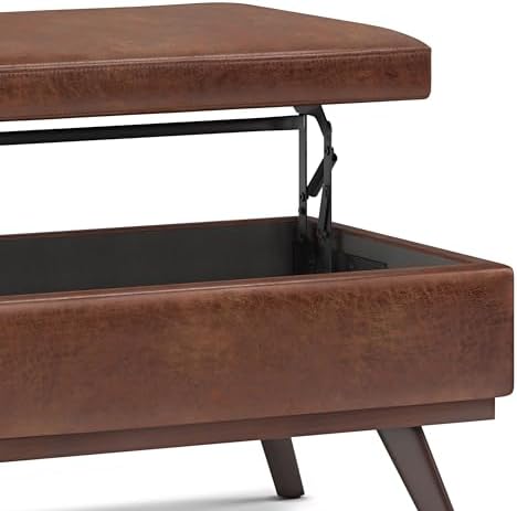 SIMPLIHOME Owen 42" Wide Vegan Leather Lift Top Ottoman in Saddle Brown ...
