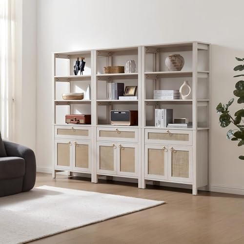 SICOTAS 68.5" Tall Boho White Rattan Storage Bookshelf with Drawer &...