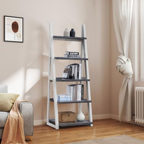 5-Tier Ladder Shelf, 72.01'' Tall Freestanding Storage Rack, Solid Wood Ladder Bookshelf, Stylish Space-Saving Bookcase for Living Room, Corner, Home Office, Grey+White