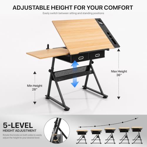 Athena Collection Wooden Drafting Table W/Stool, Tilting Art Desk, Natural