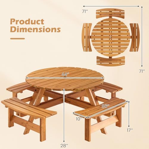 GIANTEX 8-Person Round Picnic Table Set with 4 Benches, 550 LBS Bench Capacit...