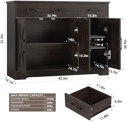 HOSTACK Kitchen Buffet Cabinet with Storage, Sideboard Coffee Bar, Brown