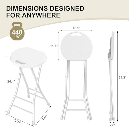 24 Inch Folding Stool with Handle & Non-Slip Feet, Set of 2, White