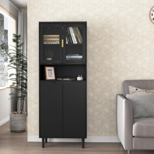 Kitchen Pantry Storage Cabinet, Glass Door Kitchen Hutch Cabinet with Storage...
