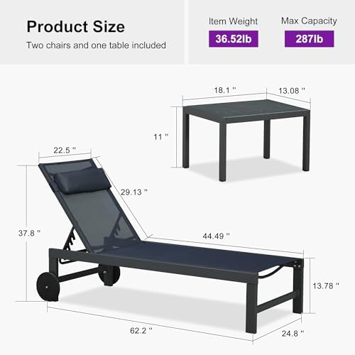 PURPLE LEAF Outdoor Chaise Lounge Set of 3 Pool Lounger Pillow, Navy Blue | L...