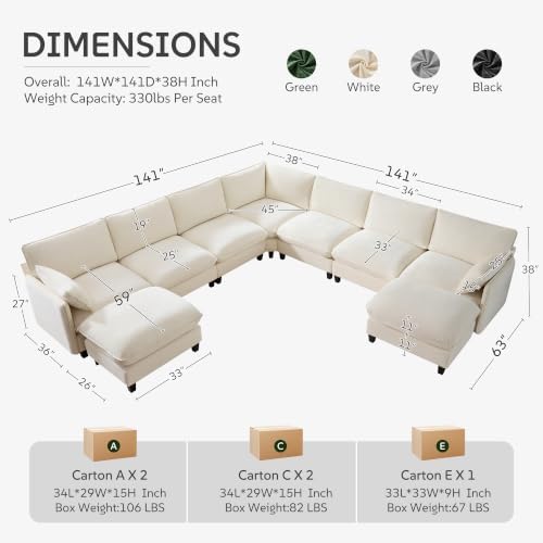 Ihanherry 139" Oversized V-Shaped Modular Sectional Couch, 9-Seater Clou...